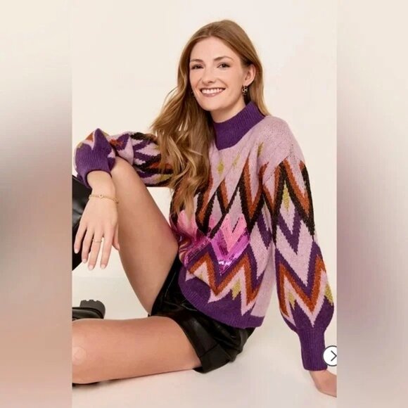 Francescas Anita Embellished Lavander Diamond Sequins Pullover Sweater- L - Picture 3 of 9